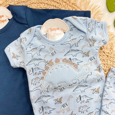 Conj. de Malha 3 Peças - Dinos - Azul Claro e Marinho Conj. de Malha 3 Peças - Dinos - Azul Claro e Marinho